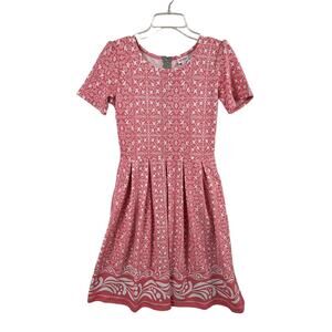 LULAROE Womens Medium Short Sleeve Pleated Fit Flare Dress Mauve Geo Print Knit